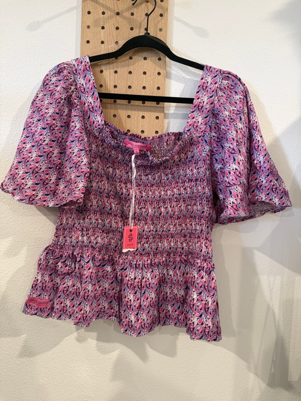 Simply Southern Pink Paisley Smocked Women's Top